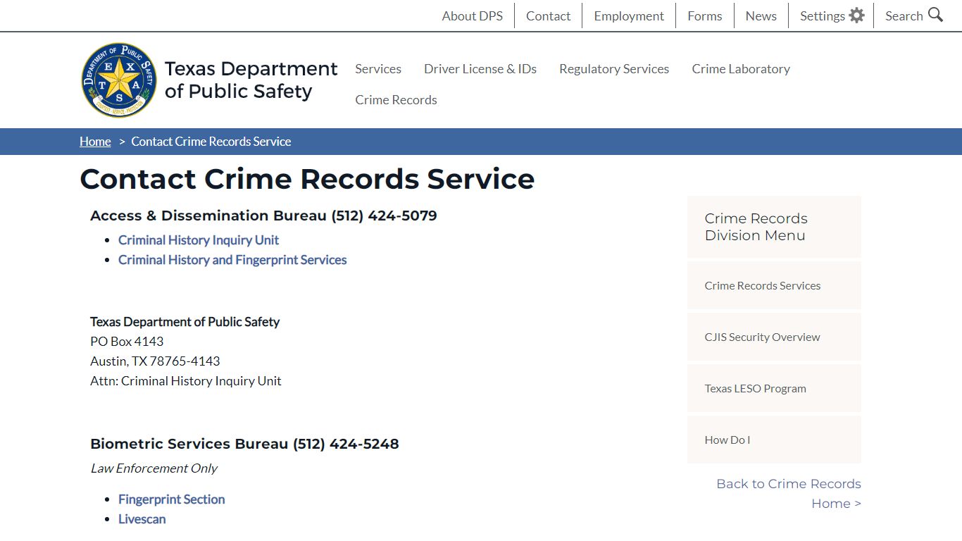 Contact Crime Records Service | Department of Public Safety